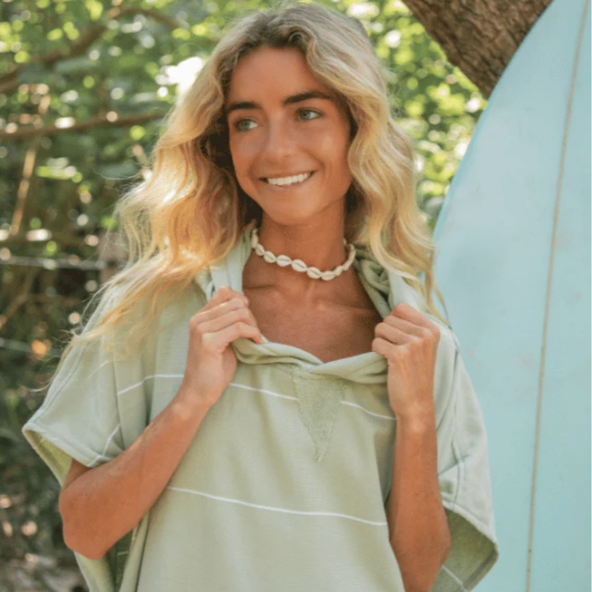 Sand Cloud Classic Stripe Hooded Poncho in Celadon Green