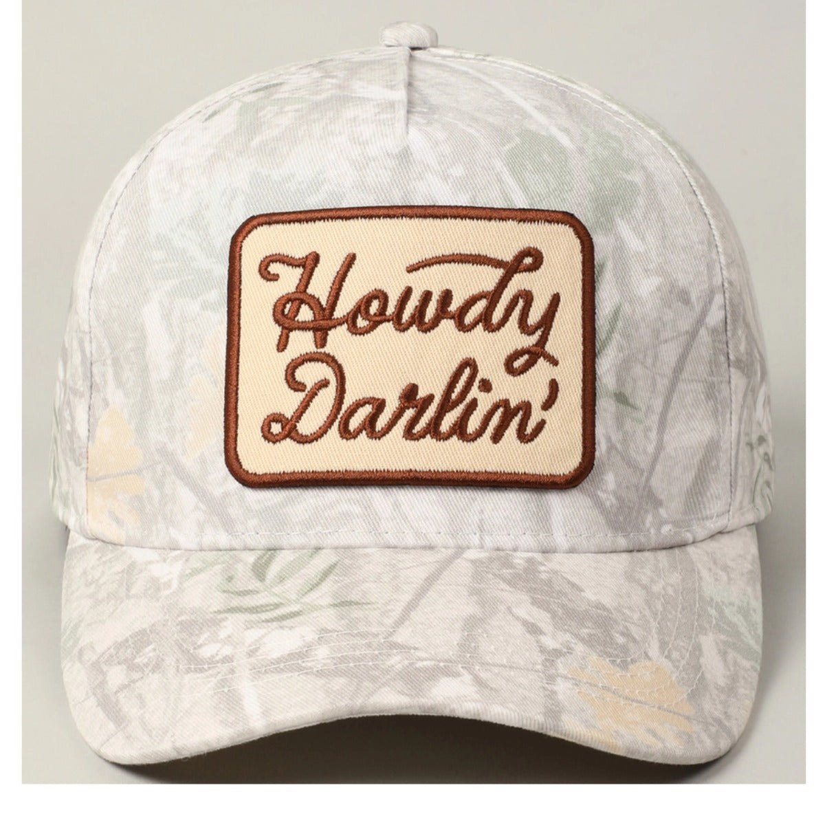 Howdy Darlin' Embroidery Patch Camo Trucker Hat in Beige Camo