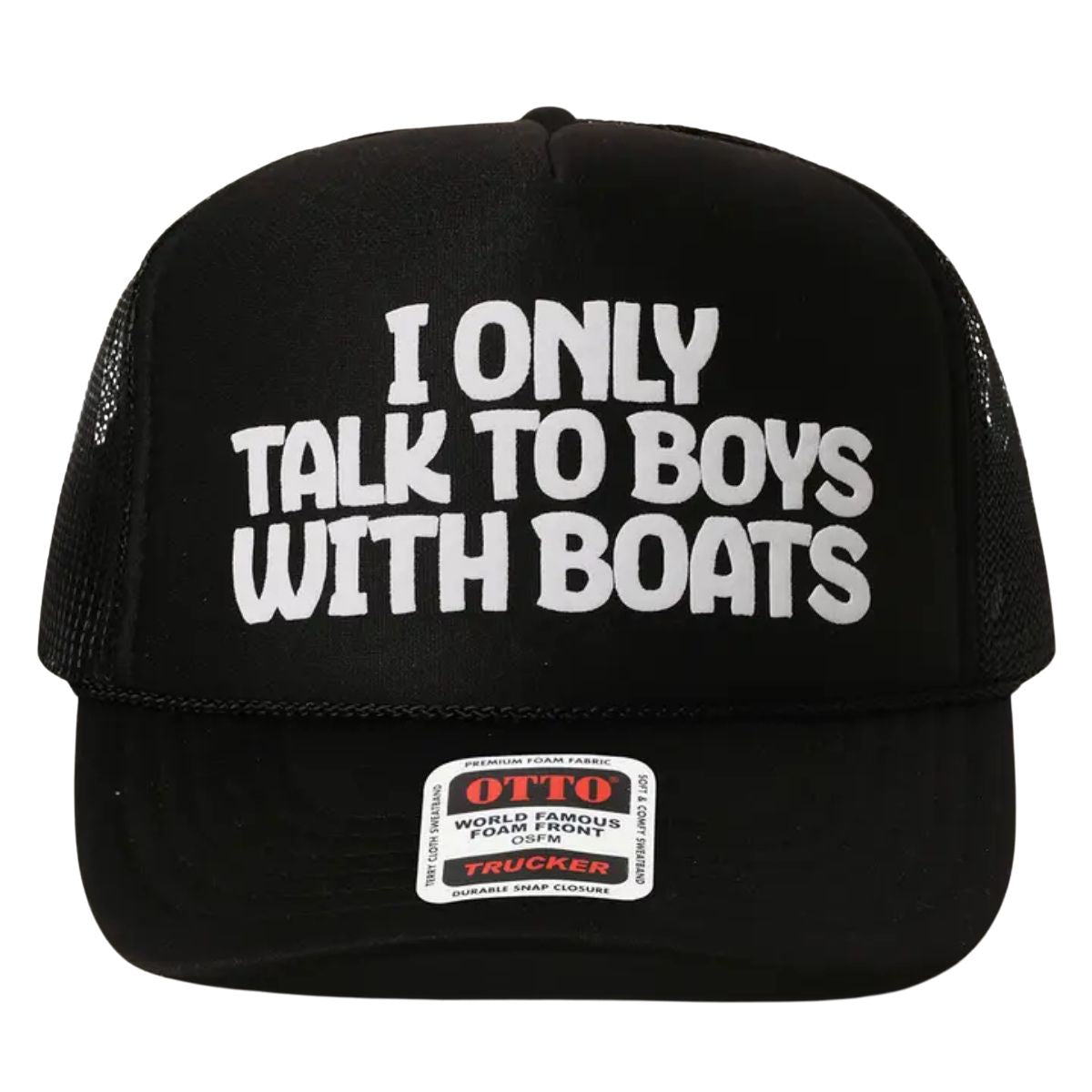 I Only Talk To Boys With Boats Text Mesh Back Cap in Black