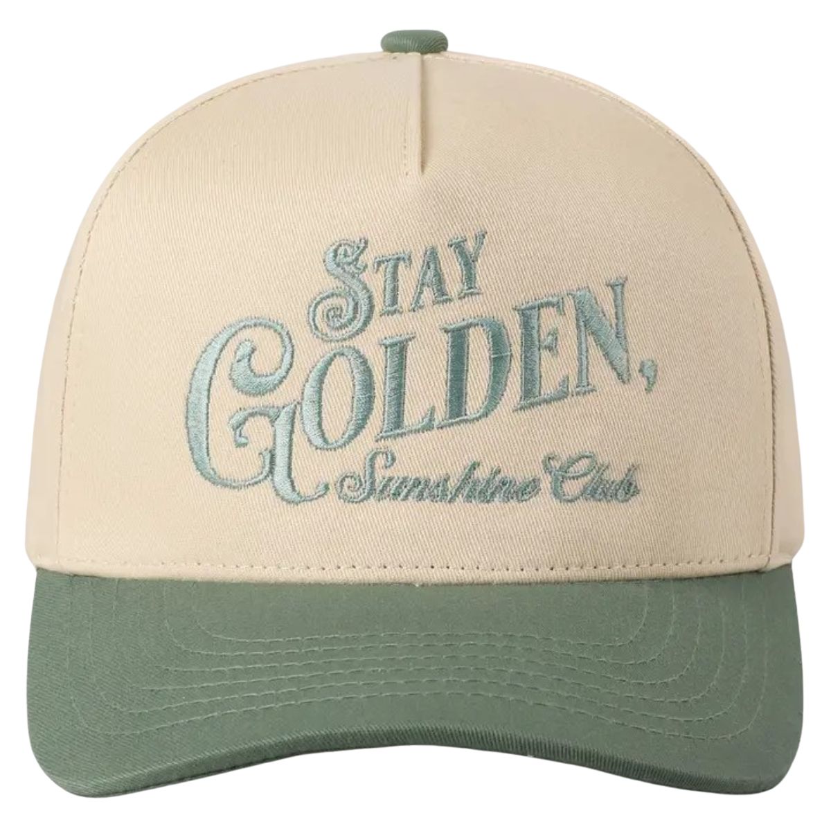 Stay Golden Sunshine Club Embroidery Trucker Hat in Sage
