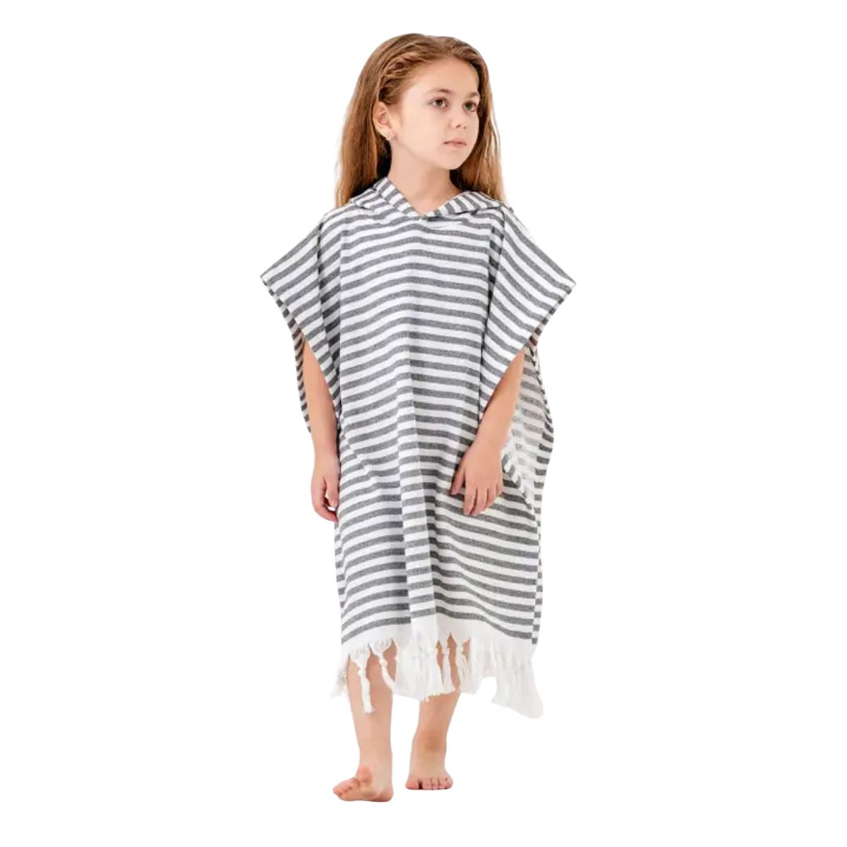 Kikoya Kids Hooded Poncho Changing Towel Terrybacked in Marin in Black Stripe