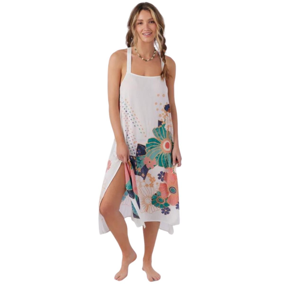 button front linen midi dress White Linen Button-Down Midi Dress with Pocket