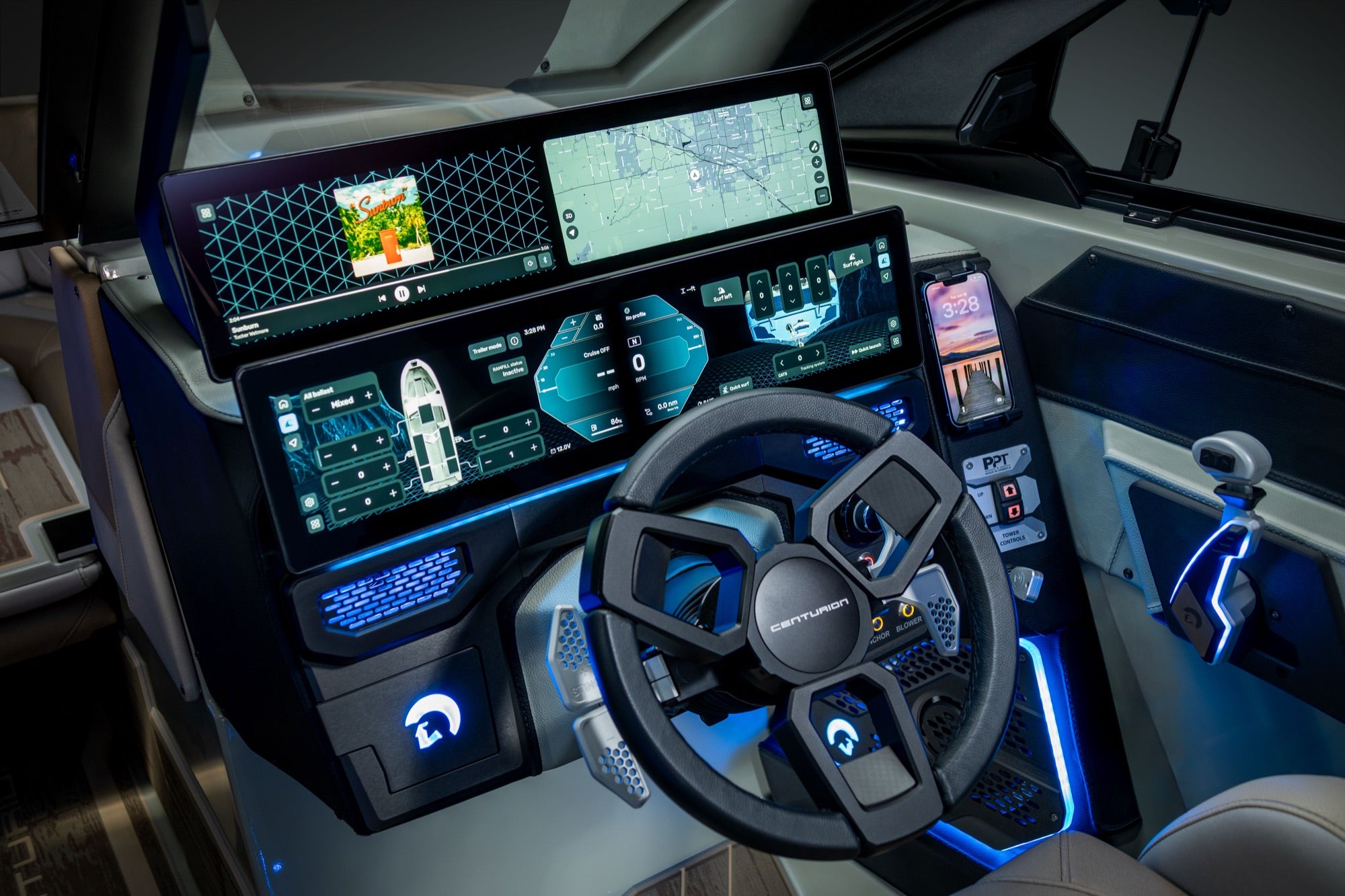Marivue Ultima Stacked Dash with two 24 inch curved touchscreens at the Centurion RS helm