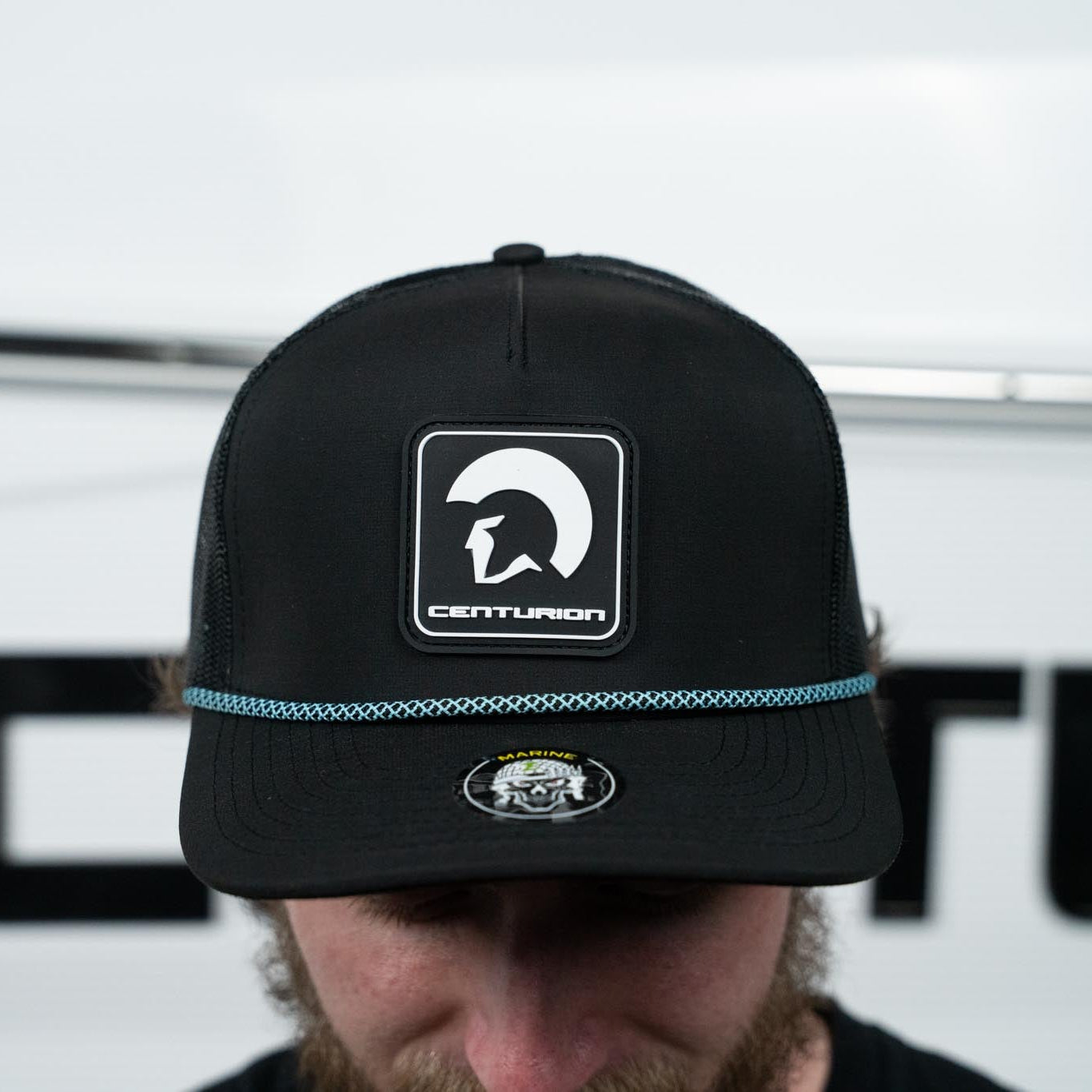 Centurion Marine R+ Hat in Black with Light Blue Chainlink Rope