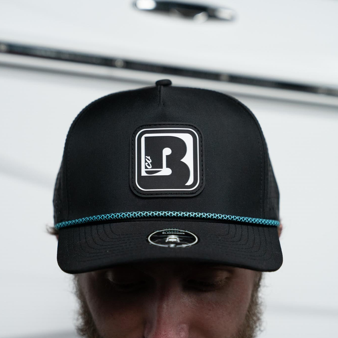 Boardco Blackhawk R+ Hat in Black with Light Blue Chain link Rope