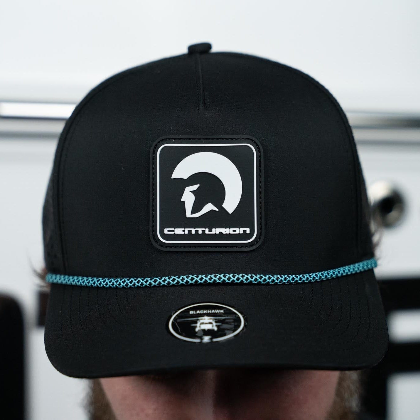 Centurion Blackhawk R+ Hat in Black with Light Blue Chain link Rope