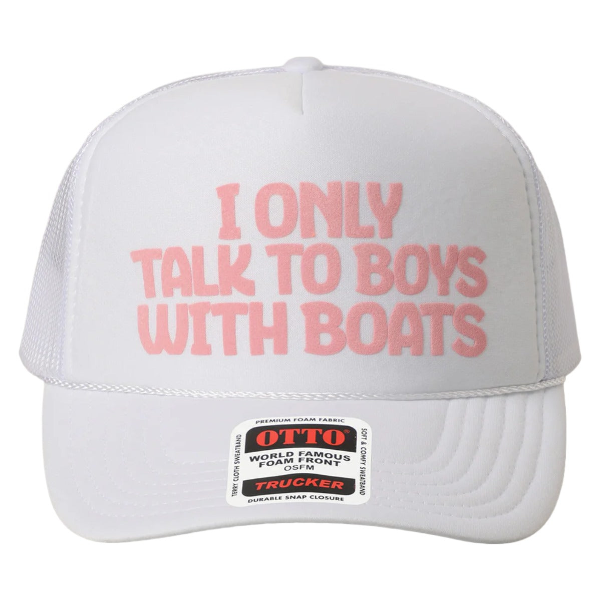 I Only Talk To Boys With Boats Text Mesh Back Cap in White