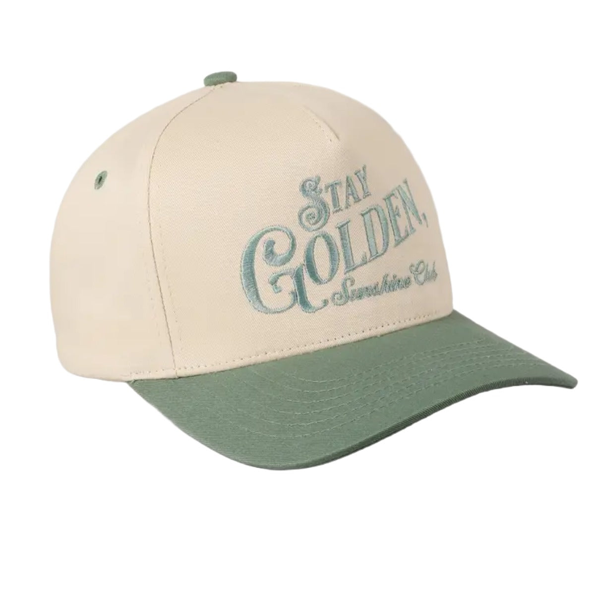 Stay Golden Sunshine Club Embroidery Trucker Hat in Sage