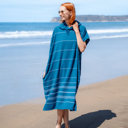 Sand Cloud Classic Stripe Hooded Poncho in Teal Blue