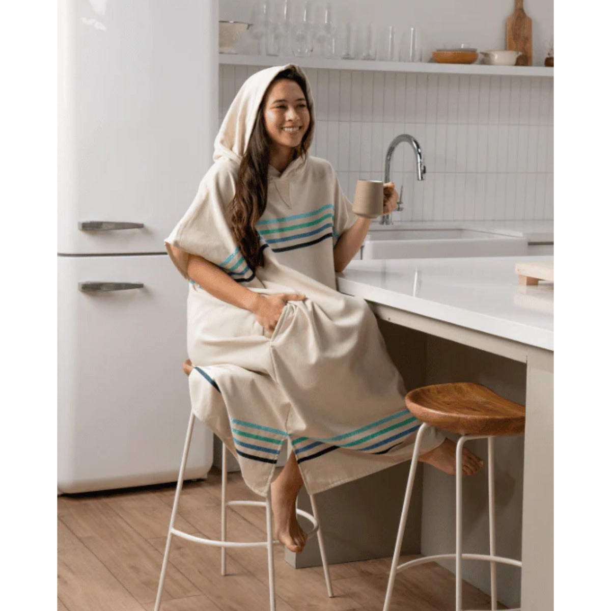 Sand Cloud Border Classic Stripe Hooded Poncho in Aqua