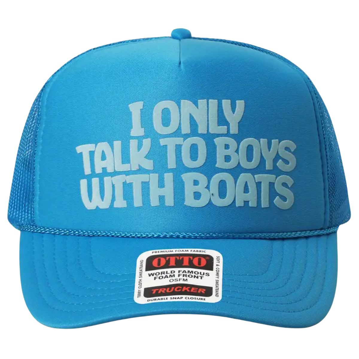 I Only Talk To Boys With Boats Text Mesh Back Cap in Neon Blue