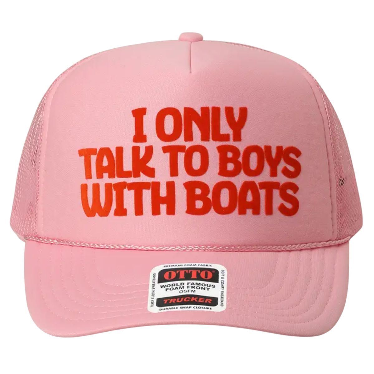 I Only Talk To Boys With Boats Text Mesh Back Cap in Pink