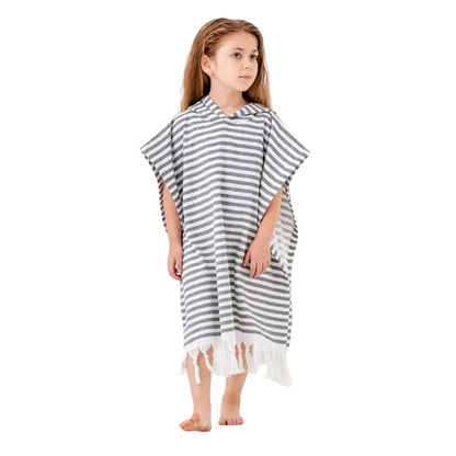 Kikoya Kids Hooded Poncho Changing Towel Terrybacked in Marin in Black Stripe