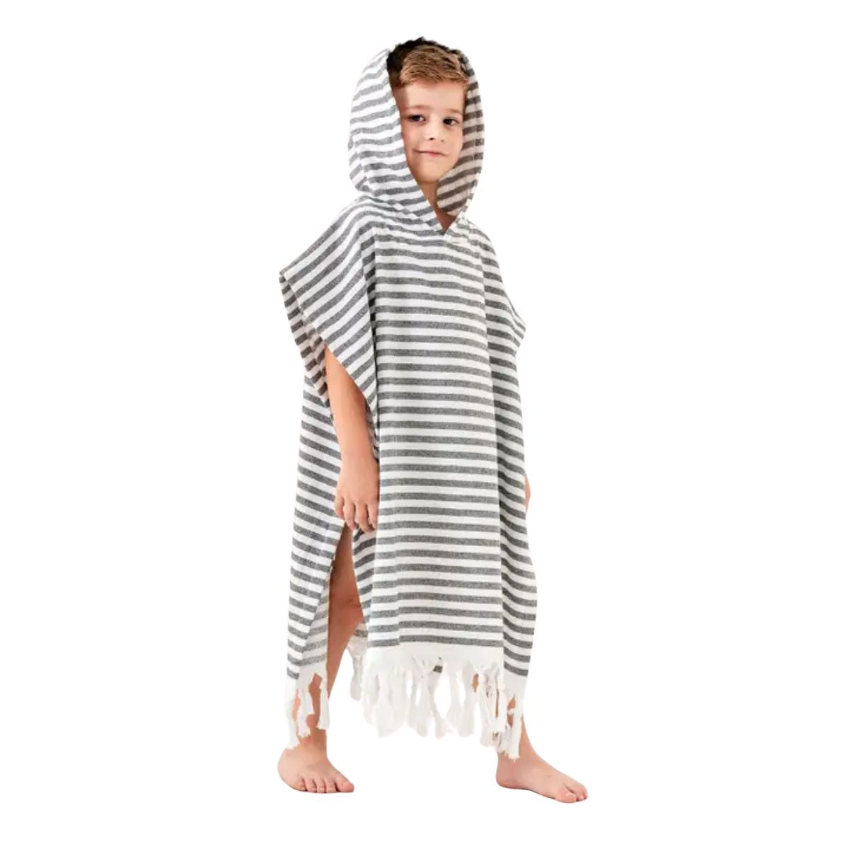 Kikoya Kids Hooded Poncho Changing Towel Terrybacked in Marin in Black Stripe