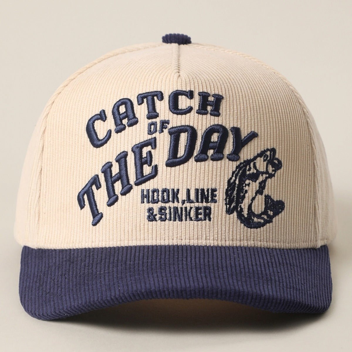 Catch of the Day 3D Embroidered Corduroy Trucker Hat in Navy - BoardCo