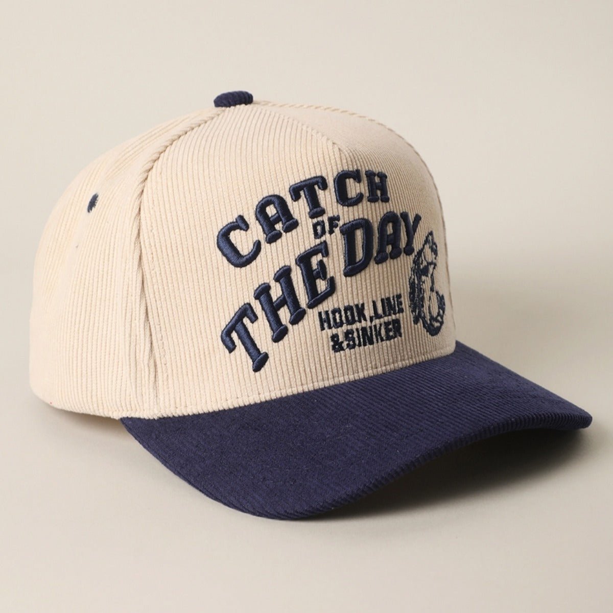 Catch of the Day 3D Embroidered Corduroy Trucker Hat in Navy - BoardCo