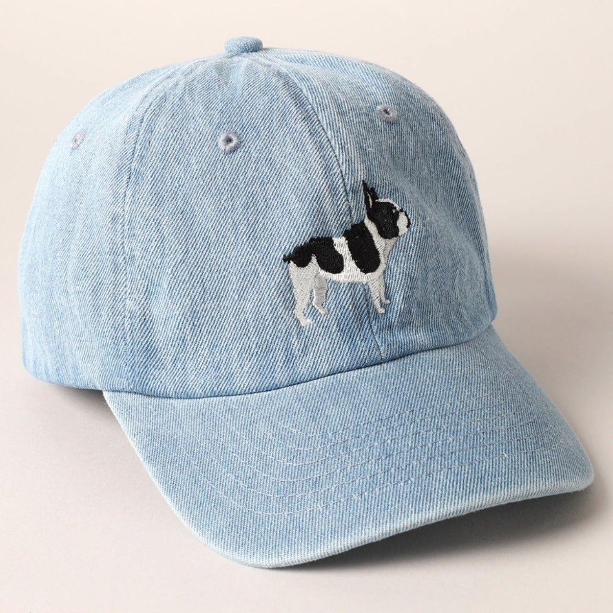 French Bulldog Dog Embroidered Denim Baseball Cap in Light Denim - BoardCo