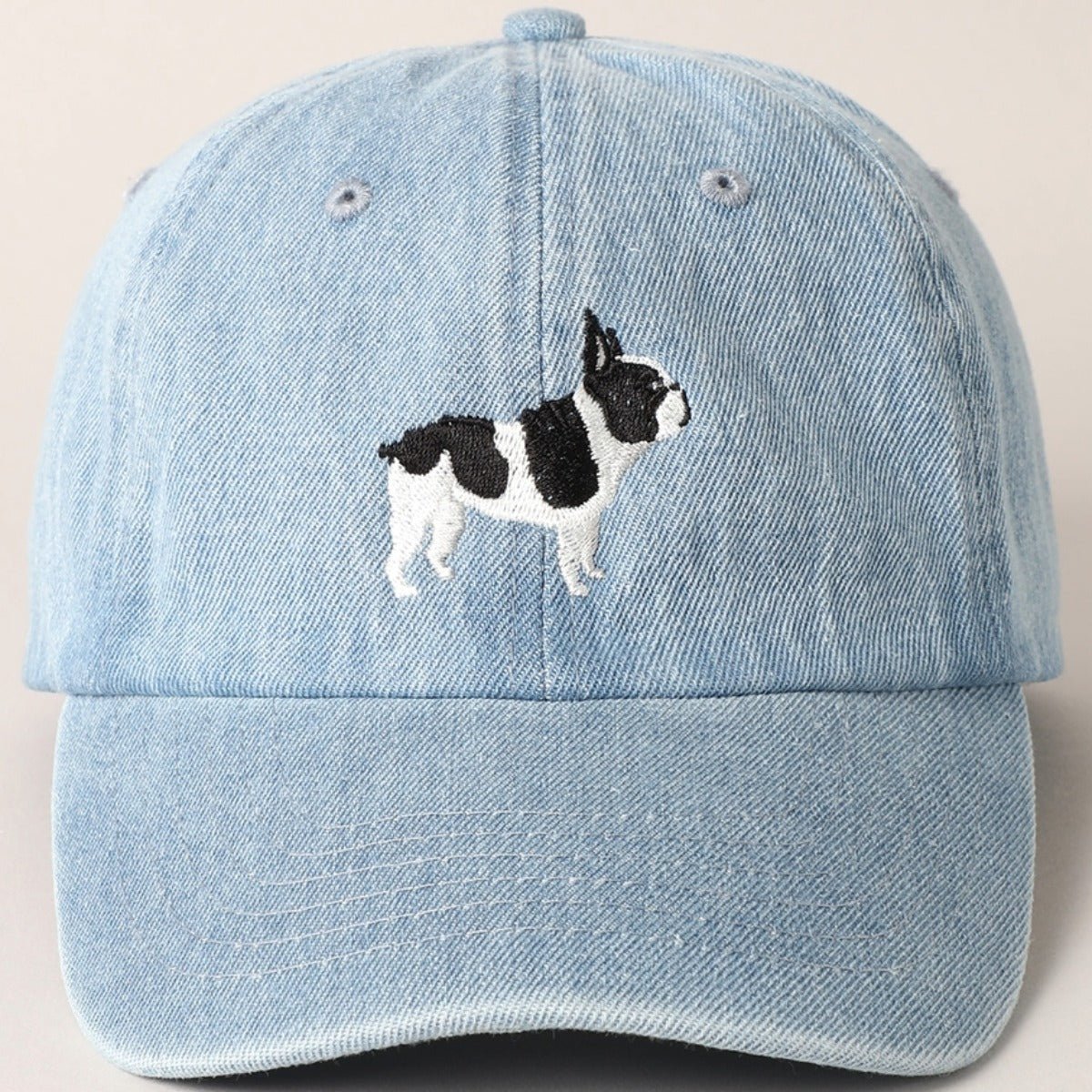 French Bulldog Dog Embroidered Denim Baseball Cap in Light Denim - BoardCo
