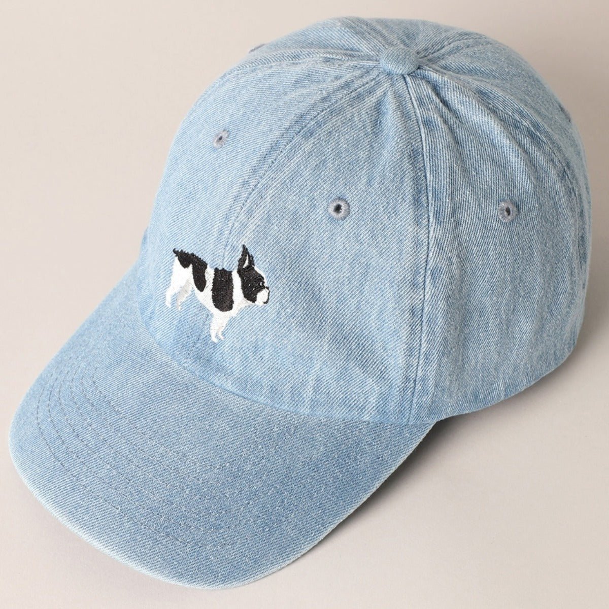 French Bulldog Dog Embroidered Denim Baseball Cap in Light Denim - BoardCo