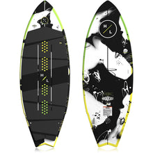 Hyperlite Broadcast Wakesurf Board 2027, black traction deck and black-and-white abstract underside with lime green and yellow rails