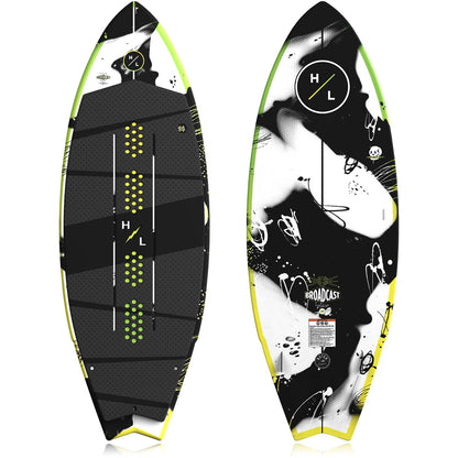 Hyperlite Broadcast Wakesurf Board 2027, black traction deck and black-and-white abstract underside with lime green and yellow rails