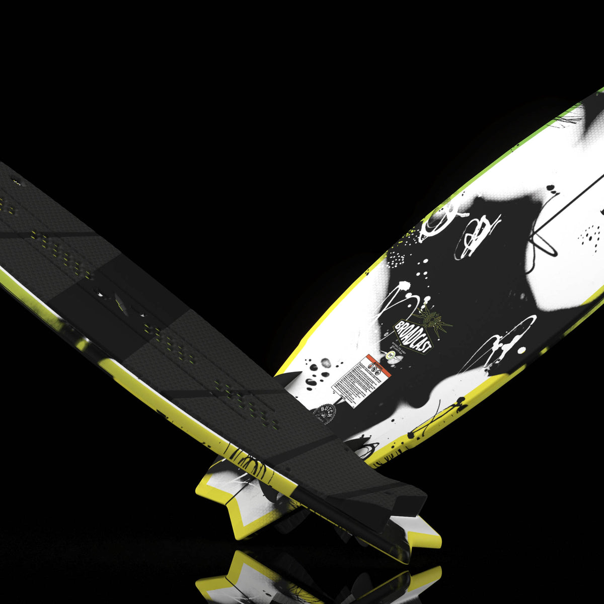 Hyperlite Broadcast Wakesurf Board 2027, crossed black traction deck and black-and-white underside with lime yellow fins