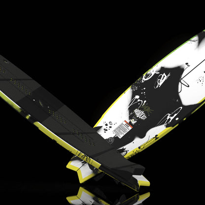 Hyperlite Broadcast Wakesurf Board 2027, crossed black traction deck and black-and-white underside with lime yellow fins