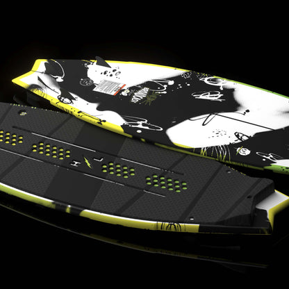 Hyperlite Broadcast Wakesurf Board 2027, angled side view of black segmented traction and black-and-white underside