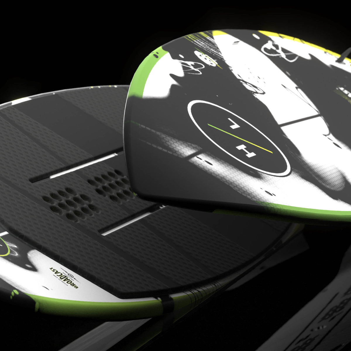 Hyperlite Broadcast Wakesurf Board 2027, rounded nose close-up with white circular HL logo above black traction