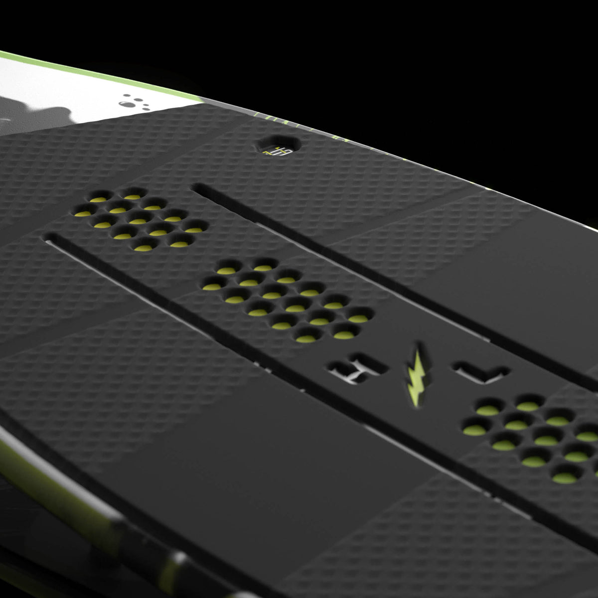 Hyperlite Broadcast Wakesurf Board 2027, black segmented traction pad with rows of lime yellow perforations
