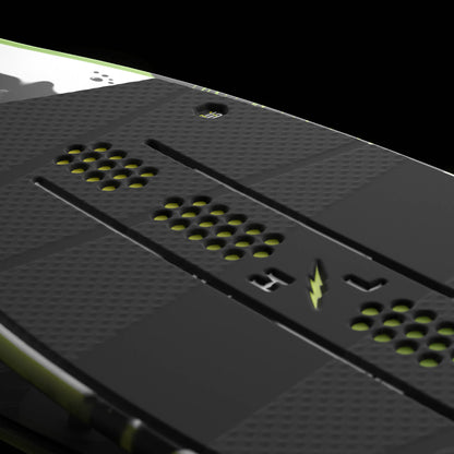 Hyperlite Broadcast Wakesurf Board 2027, black segmented traction pad with rows of lime yellow perforations