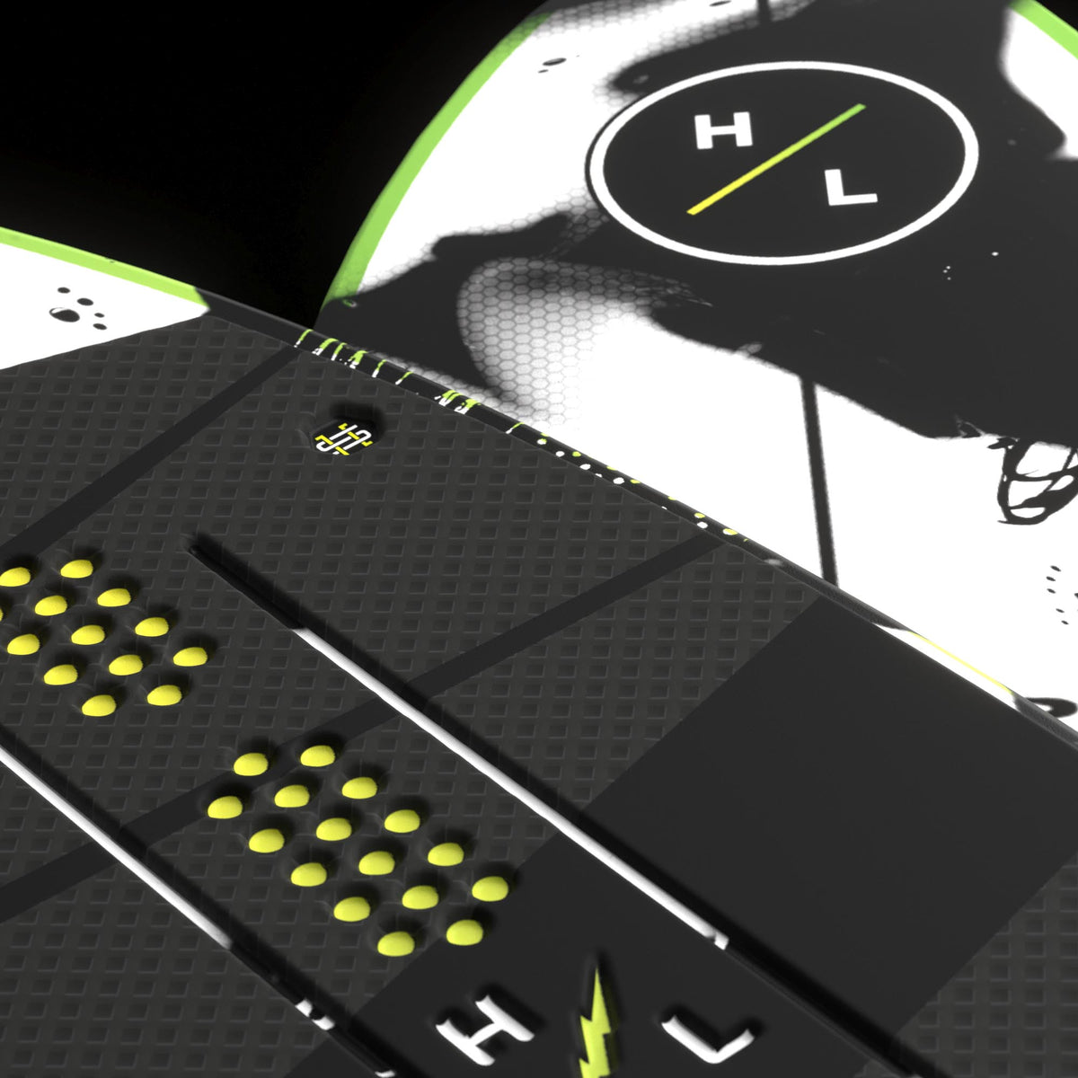 Hyperlite Broadcast Wakesurf Board 2027, lime yellow center perforations and white circular HL nose graphics