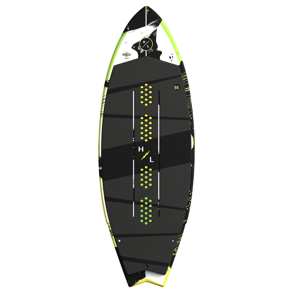 Hyperlite Broadcast Wakesurf Board 2027, black segmented traction with lime yellow perforated center stripe and white circular HL nose logo