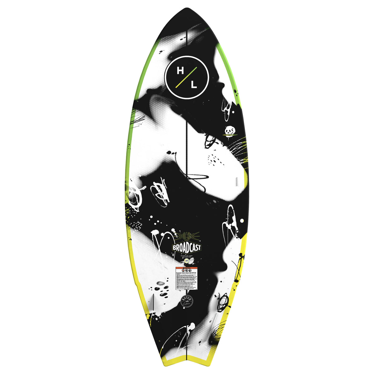 Hyperlite Broadcast Wakesurf Board 2027, black-and-white abstract graphics, lime green and yellow rails and Broadcast tail lettering