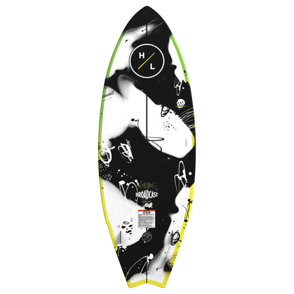 Hyperlite Broadcast Wakesurf Board 2027, black-and-white abstract graphics, lime green and yellow rails and Broadcast tail lettering