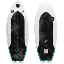 Hyperlite Buzzmatic Wakesurf Board 2027, white-and-black top and underside with turquoise accents and black diamond-pattern traction