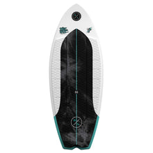 Hyperlite Buzzmatic Wakesurf Board 2027, black and white diamond-pattern traction, turquoise center stripe and black HL nose logo