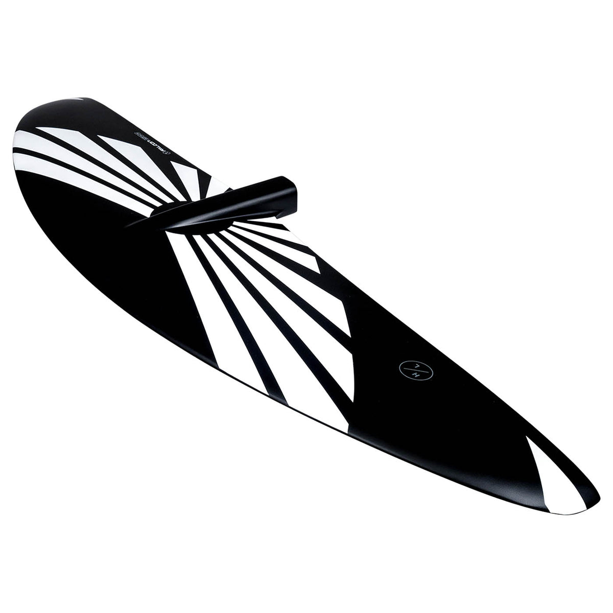 Hyperlite Falcon 1200 Front Wake Foil Wing 2027, angled black front wing with white geometric stripes and raised mounting interface