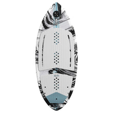 Hyperlite Hi-Fi Wakesurf Board 2027, white grooved traction over a black-and-white pattern with pale blue tail accents