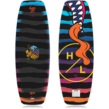 Hyperlite Murray Jr Wakeboard 2027, black and blue stripes with orange cartoon graphics underneath