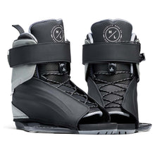 Hyperlite Session Wakeboard Bindings 2027, black and gray open-toe pair with wide black ankle straps