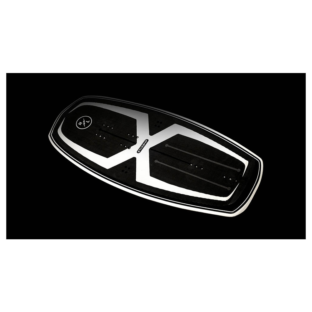 Hyperlite Starship Wake Foil Board 2027, angled black deck with white X graphic and corduroy traction