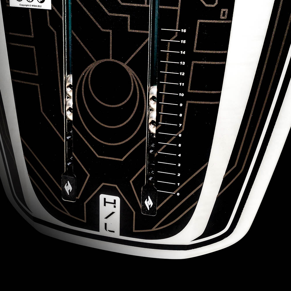 Hyperlite Starship Wake Foil Board 2027, underside tail with foil-track position markings and gold circuit graphics