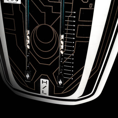 Hyperlite Starship Wake Foil Board 2027, underside tail with foil-track position markings and gold circuit graphics