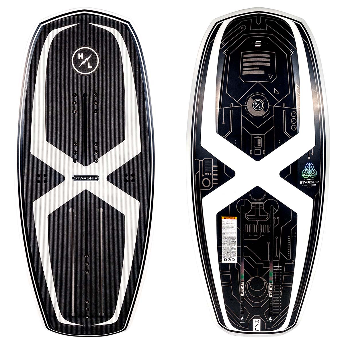 Hyperlite Starship Wake Foil Board 2027, black and white X graphics, corduroy traction and gold circuit-pattern underside