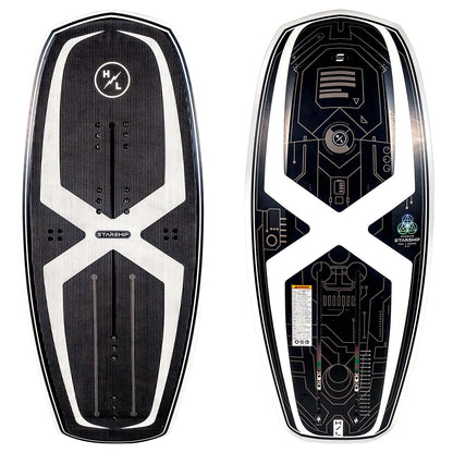 Hyperlite Starship Wake Foil Board 2027, black and white X graphics, corduroy traction and gold circuit-pattern underside