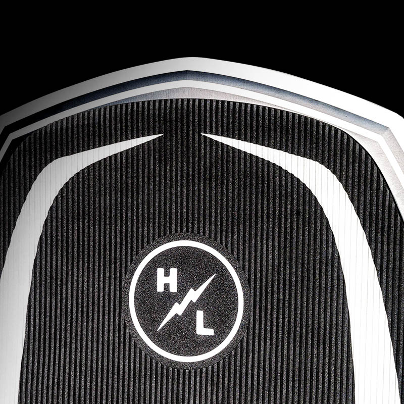 Hyperlite Starship Wake Foil Board 2027, black corduroy nose traction with circular HL lightning logo