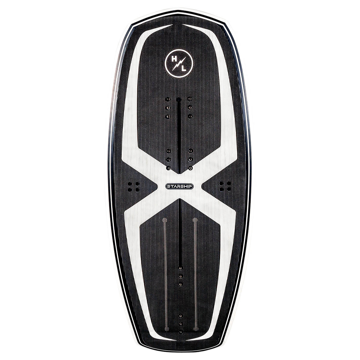 Hyperlite Starship Wake Foil Board 2027, black corduroy traction, white X graphic, circular HL nose logo and strap inserts