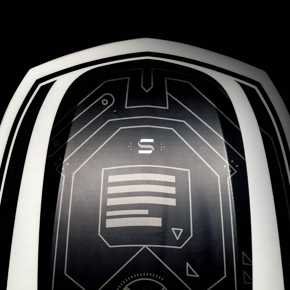 Hyperlite Starship Wake Foil Board 2027, rounded underside nose with gold circuit artwork and white border