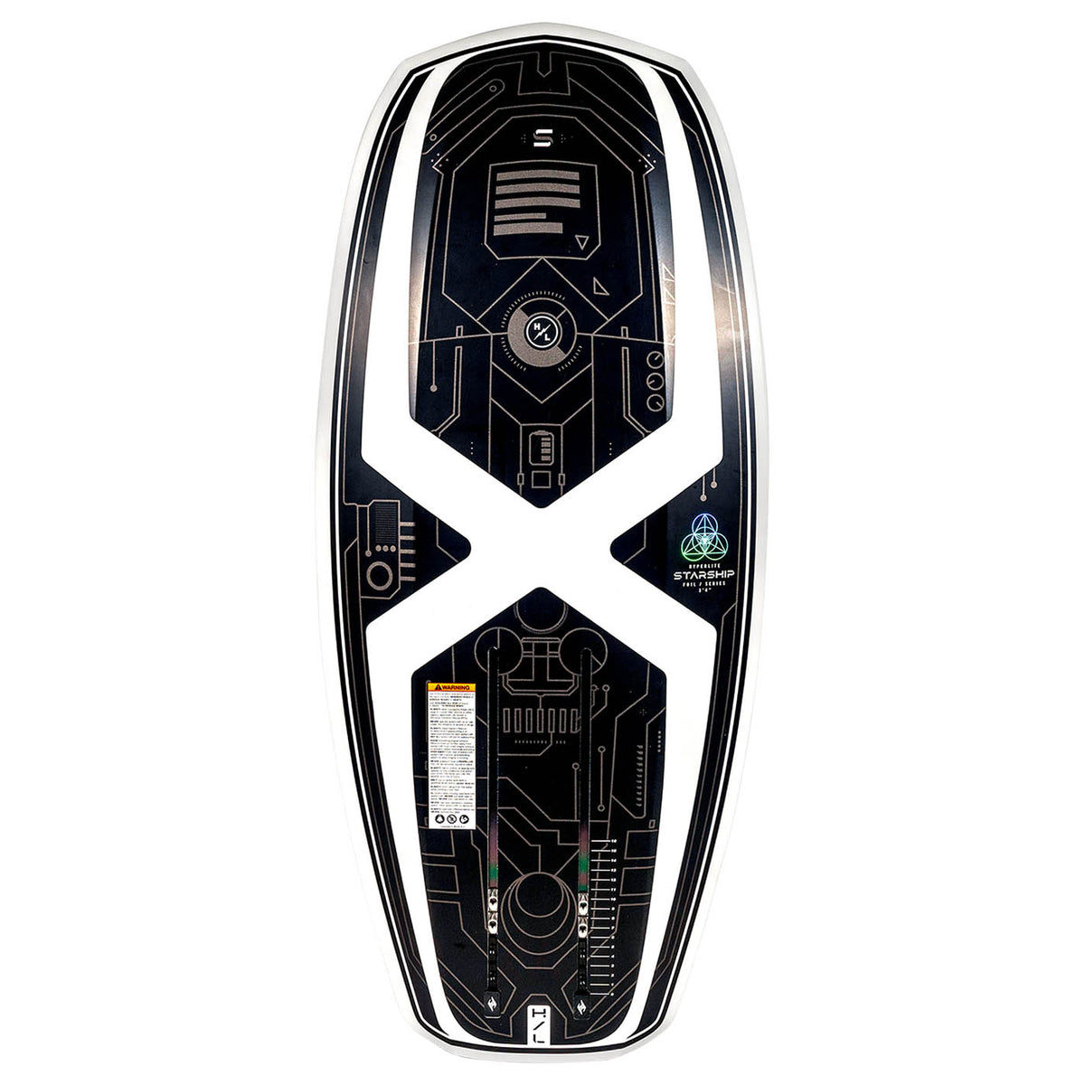 Hyperlite Starship Wake Foil Board 2027, black and gold circuit graphics, white X and marked foil mounting tracks